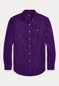 Fioletowa koszula z długim rękawem na guziki wykonana z bawełny, z klasycznym kołnierzykiem, zapięciem na guziki oraz małym zielonym haftowanym logo.