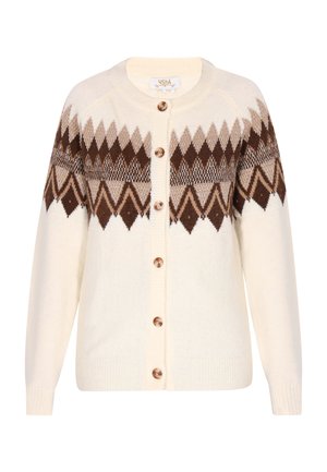 Kremo spalvos kardiganas, puoštas geometriniu rudos ir smėlio spalvos raštu. Jis turi apvalų kaklą, ilgomis rankovėmis ir penkis didelius medinius mygtukus.