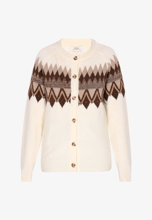 Kremo spalvos kardiganas, puoštas geometriniu rudos ir smėlio spalvos raštu. Jis turi apvalų kaklą, ilgomis rankovėmis ir penkis didelius medinius mygtukus.