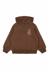 Bruine hoodie met een voorste kangoeroezak en een geborduurde vredeslied in het wit aan de linkerkant. Zacht, gestructureerd materiaal.
