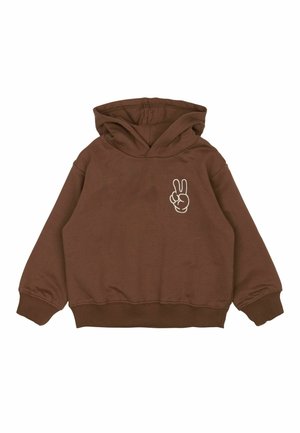 Bruine hoodie met een voorste kangoeroezak en een geborduurde vredeslied in het wit aan de linkerkant. Zacht, gestructureerd materiaal.