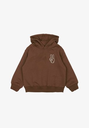 Brązowa bluza z kapturem z kangurzą kieszenią z przodu i haftowanym znakiem pokoju w kolorze białym po lewej stronie. Miękki, teksturowany materiał.