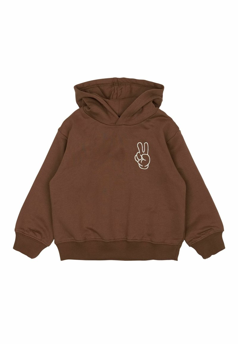 Bruine hoodie met een voorste kangoeroezak en een geborduurde vredeslied in het wit aan de linkerkant. Zacht, gestructureerd materiaal.