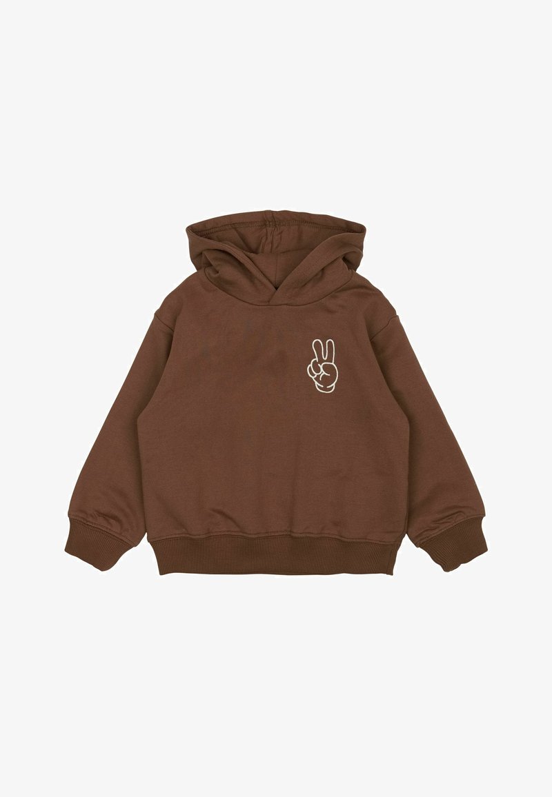 Brauner Kapuzenpullover mit einer vorderen Kängurutasche und einem gestickten Friedenszeichen in Weiß auf der linken Seite. Weicher, strukturiertes Gewebe.