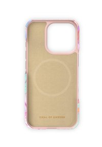 Telefoncover med pink ramme, marmorering i pastelfarver og en beige indvendig. Har et cirkulært design til magnetisk kompatibilitet.