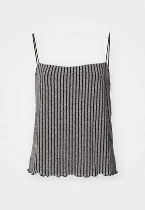 Camisolă cu dungi negre și argintii, cu bretele subțiri ajustabile, având un material moale, texturat și un tiv decupat.