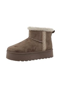 Brown ankle boots made of suede with a fluffy, cream-colored cuff. Features decorative stitching on the side and a thick rubber sole.