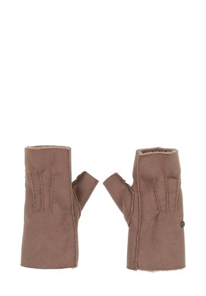 Bruine vingerloze handschoenen van zacht materiaal, met gestikte accenten en een onafgewerkt zoom. Het open ontwerp biedt vingerbeweging.