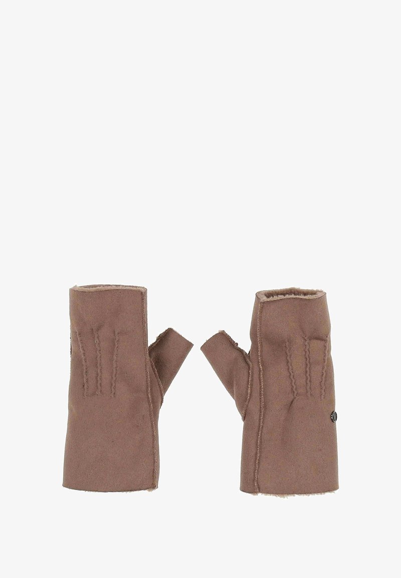 Barna ujjatlan kesztyűk puha anyagból, varrott díszítésekkel és befejezetlen szegéllyel. Az nyitott kialakítás lehetővé teszi az ujjak mozgását.