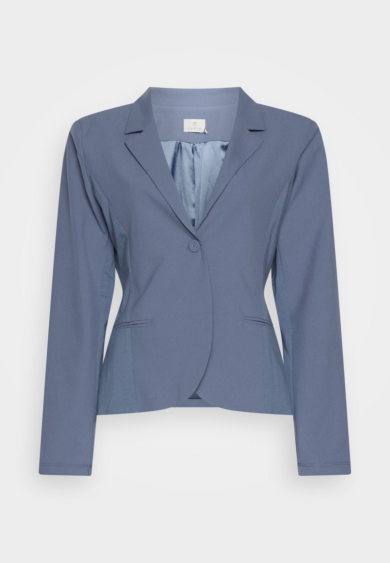 Blazer femme ajusté à un seul bouton, bleu mat, avec col à revers cranté et poches passepoilées avant, présenté sur fond blanc.