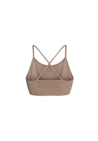 Hnědý zkrácený bralet s hladkým povrchem. Obsahuje křížové ramínka a široký spodní pás pro podporu. Bez vycpávek nebo kostic.