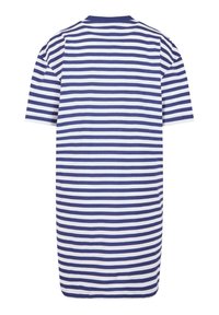 Katoenen t-shirt met korte mouwen, blauw-witte horizontale strepen, ronde hals en een losse fit. Gladde textuur en rechte zoom.