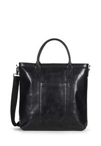 Zwarte leren tote bag met twee bovenhandvatten en een verstelbare schouderriem. Voorzien van een frontzak en een gladde, geprofileerde oppervlakte.