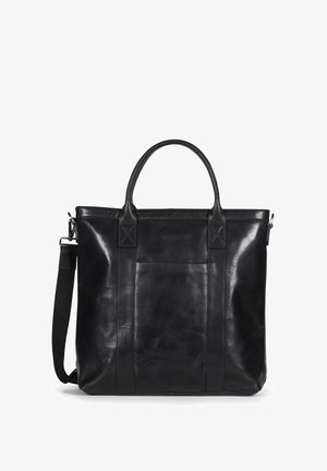 Sort læder tote taske med to top håndtag og en justerbar skulderrem. Har en forlommer og en glat, tekstureret overflade.