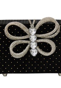 Sort velour clutch dekoreret med guldprikker, prydet med et krystal sommerfugledesign med hjerteformede ædelstene og sølvdetaljer.
