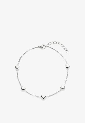 Bracelet en chaîne argentée avec cinq accents brillants en forme de cœur, doté d'un fermoir lobster et d'une longueur réglable. Texture lisse et finition polie.