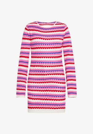 Kötött pulóverruha hullámos mintával piros, rózsaszín, lila és fehér színekben. Hosszú ujjú és kerek nyakú, bordázott mandzsettákkal és heméllyel.