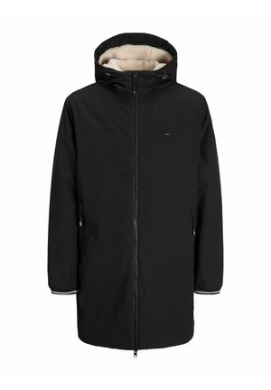 Zwarte hoodie met een ritssluiting aan de voorkant, zachte beige voering, elastische manchetten en twee zijzakken; glad buitenmateriaal.