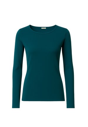 Maglietta a maniche lunghe e collo rotondo realizzata in tessuto teal liscio. Presenta un design aderente senza motivi o hardware visibili.