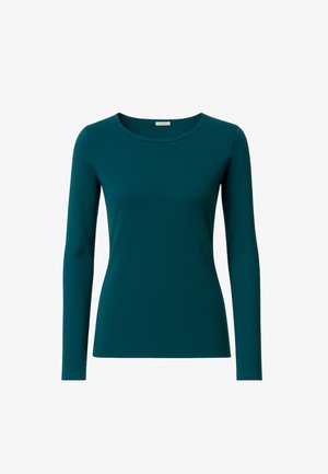 Maglietta a maniche lunghe e collo rotondo realizzata in tessuto teal liscio. Presenta un design aderente senza motivi o hardware visibili.