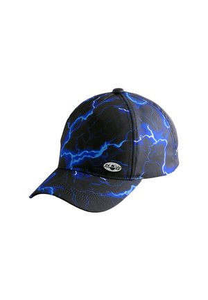 Schwarze Baseballkappe mit blauem Blitzmuster und kleinem rundem Logo auf der vorderen linken Seite des Schirms.