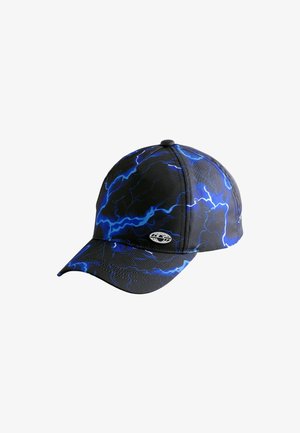 Sort baseballcap med blåt lynmønster og lille rundt logo på forsiden til venstre på skyggen.