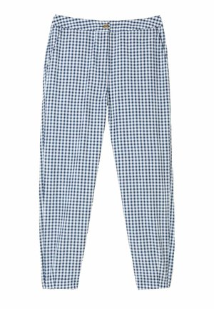 Blå og hvide ternede bukser med høj talje, sidelommer og knappelukning på hvid baggrund.