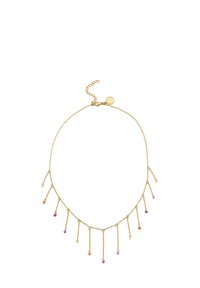 Collar de cadena de oro con múltiples cadenas colgantes y acentos de cristal coloridos en naranja, púrpura y transparente. Cierre ajustable.