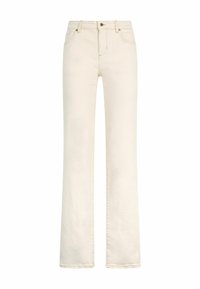 Jean en denim large couleur crème clair. Présente une taille haute, deux poches avant et une fermeture éclair classique.