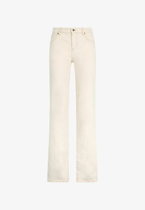 Jeans a gamba larga di un crema chiaro realizzati in denim. Presentano una vita alta, due tasche frontali e una chiusura con zip classica.