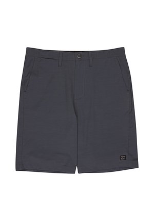 Dark gray casual shorts with front pockets, belt loops, button closure, and small black logo patch on the bottom right hem.