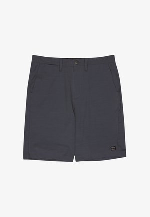 Dark gray casual shorts with front pockets, belt loops, button closure, and small black logo patch on the bottom right hem.