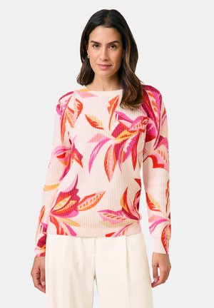 Long-sleeve ribbed sweater in light pink with vibrant floral patterns in orange, red, and pink. Features a round neckline and fitted cuffs.