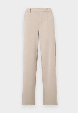 Beige skräddarsydda byxor med raka ben, slät textur, framfickor och bälteshällor. Tillverkade av ett lättviktigt tyg.