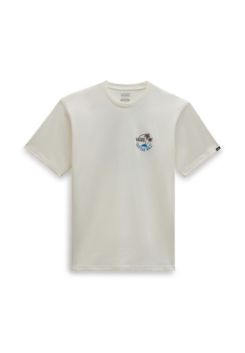 Camiseta de manga corta Vans color blanco roto con un pequeño logo en el pecho que presenta palmeras y el texto "Off The Wall".