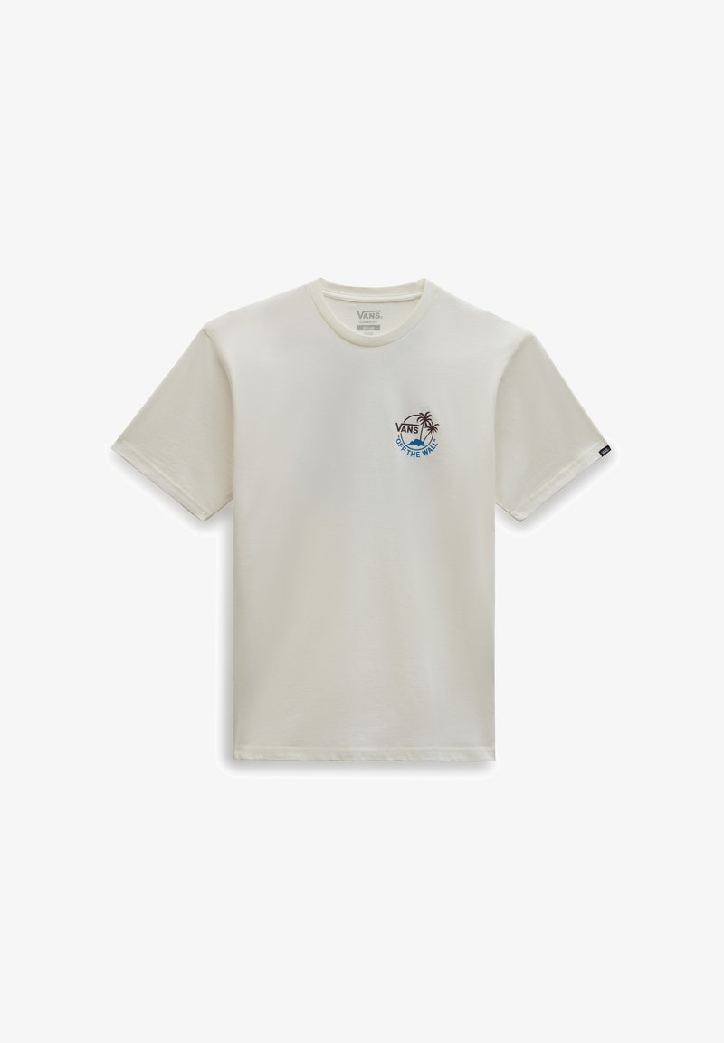 Camiseta de manga corta Vans color blanco roto con un pequeño logo en el pecho que presenta palmeras y el texto "Off The Wall".