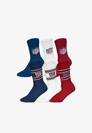 Sets von blauen, weißen und roten NFL-Socken, jedes Paar mit NFL-Logo nahe dem oberen Rand und "ny"-Logo mit Streifen quer über die Mitte.