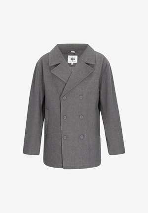 Pilka dvigubos krūtinės vilnos striukė su plačiais atvartais, šešiais mygtukais, šoninėmis kišenėmis ir vidinio apykaklės dydžio etikete.