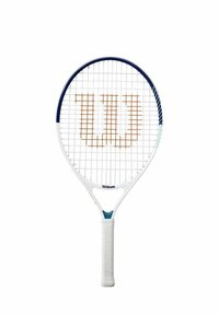 Weißer Tennisschläger mit blauen Akzenten, ausgestattet mit einem orangefarbenen "W"-Logo und einem strukturierten Griff. Offenes Saitenmuster und ovale Kopfform.