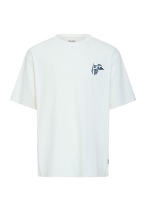 Hvid T-shirt med korte ærmer og et lille marineblåt motiv på venstre bryst, hvor der står "Let's take a trip".