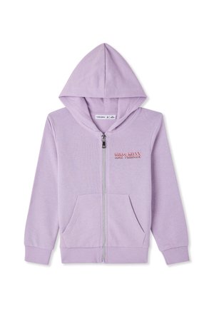 Felpa con zip di lavanda, con cappuccio, tasche frontali e testo "Hello Kitty and Friends" in lettering rosa. Tessuto morbido e strutturato.