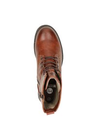 Bottine en cuir marron avec fermeture à lacets à l'avant, bout rond et fermeture éclair sur le côté. Présente une surface texturée et une semelle noire contrastante. Taille 37.