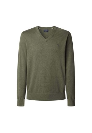 Grøn v-hals sweater lavet af blødt strikket materiale, med lange ærmer og ribbet kant. Lille logo på venstre bryst, glat tekstur.
