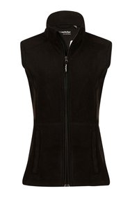 Schwarze Fleece-Weste mit hohem Kragen, Reißverschluss vorne und zwei Seitentaschen. Glatte Textur, taillierter Schnitt, ohne Ärmel. Markenlogo ist sichtbar.