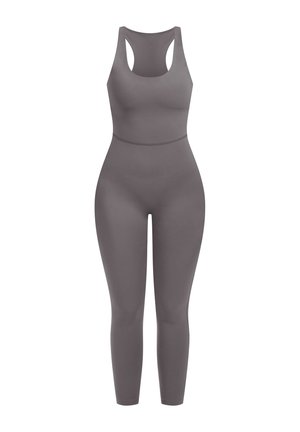 Grauer Body aus glattem, dehnbarem Stoff. Hat ein Racerback-Design, eine enganliegende Silhouette und knöchellange Beine. Keine sichtbaren Verschlüsse.