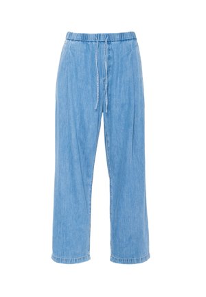 Pantaloni in denim azzurro chiaro, leggermente larghi, con vita elasticizzata e coulisse. Gamba larga e orli risvoltati. Tessuto liscio, design casual.