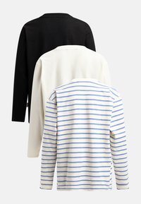 Three long-sleeve t-shirts: one black, one cream, and one striped white with blue lines, featuring standard crew necks and soft textures.