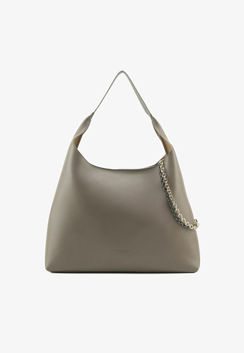 Grijze leren schoudertas met een gladde textuur, een subtiele glans en een metalen kettingaccent aan één zijde; eenvoudig, langwerpig ontwerp.