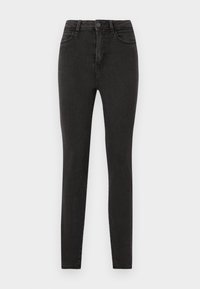 Jeans skinny negros de denim con cintura alta, con cierre de botón y cremallera en la parte frontal, dos bolsillos delanteros y una textura suave.