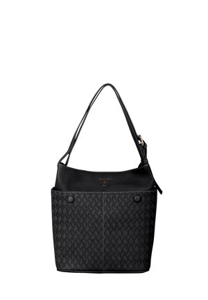 Black quilted leather handbag with two front pockets and a single shoulder strap, featuring small gold-tone logo detailing.